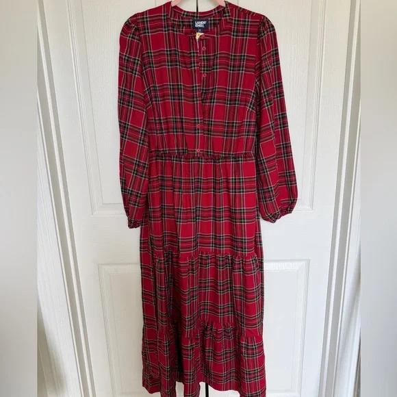 Lands’ End Red Plaid Button-Front Maxi Dress with Tie Waist & Pockets - Picture 2 of 4